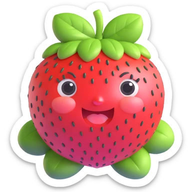 super cute 3D anthropomorphic strawberry character, round chubby face, big sparkling eyes, soft pink and red tones, green strawberry leaves as hair, tiny strawberry seeds on face, expressive facial emotions, kawaii Japanese style sticker