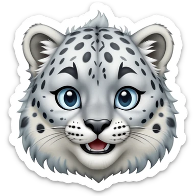 Cinematic-Comical-Snow-Leopard-Portrait-Emoji – Head tilted dramatically with an exaggeratedly amused expression, featuring a thick, spotted white-and-grey coat with a dense ruff around the neck, wide, piercing icy blue eyes filled with playful disbelief. sticker