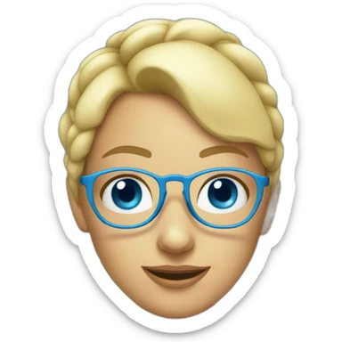blonde girl with two pigtails. blue eyes. blue top. fluorescent glasses sticker