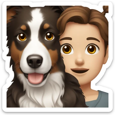 Girl with brown short hair and brown eyes and a white and black border collie sticker
