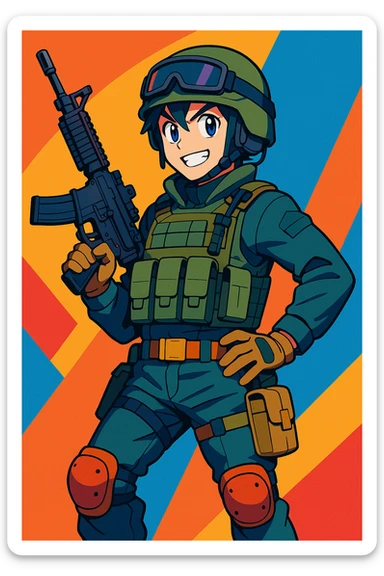 anime-style soldier, tactical gear, confident pose, dynamic, colorful, detailed sticker
