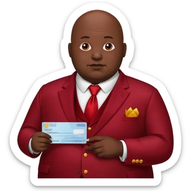 fat guy bold head in dark red velvet suit holding cheque sticker