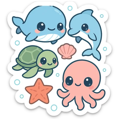 super kawaii soft pastel summer sea theme featuring cute chibi baby whale, dolphin, sea turtle, octopus, starfish, and seashells with floating bubbles, gentle flat illustration style, soft gradient aqua blue background, big sparkling eyes, minimal clean layout, soft shadows, high quality, PNG, transparent background, 9:16 aspect ratio sticker