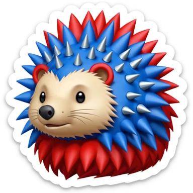 Red and blue Porcupine facing right. Bottom layer red: covers feet, round face with no facial features and 2 spikes. blue upper layer 6 spikes, 3 white 5 pointed stars in the middle of the blue. sticker