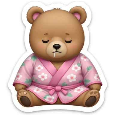 A cute chubby light-brown bear wearing a pastel pink sakura-patterned kimono, standard body and small round head, adorable simple face, sleepy half-closed eyes, small blush on cheeks, sitting while dozing off, tiny “zzz” floating above the head sticker
