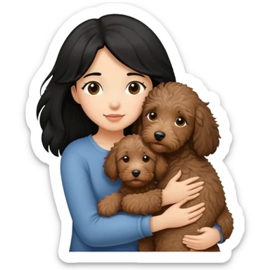 a girl with medium long black hair, hugging a little brown coated labradoodle. sticker