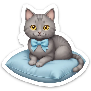 A grey cat with yellow eyes and a light blue bow sits on a beige pillow



 sticker