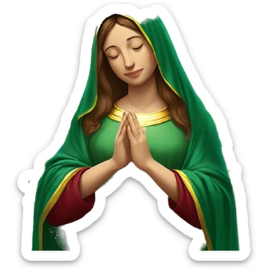 Virgin Mary: kind face looking down at the left, long brown hair, Wearing an emerald green  robe with gold stars and a burgundy red dress,  Hands in prayer or blessing. Halo around her head. standing in front of a big sun. colorful roses on the sides  sticker
