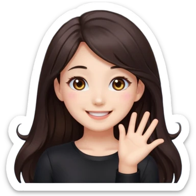 kawaii streamer girl, brunette, brown eyes, long dark hair, black outfit, smiling, sparkling eyes, blushing cheeks, happy expression, small stars around, emoji icon sticker
