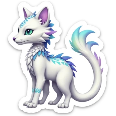 Kawaii white iridescent beautiful pretty elegant edgy cute cool fantasy feline-vernid-sergal-fursona animal creature with a tufted tail full body with intricate tribal markings  sticker