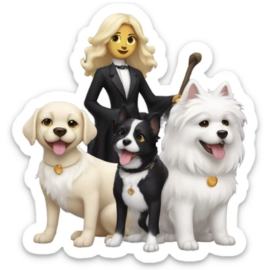 Witch with black hair and three dogs.  One short white fur, one with curly blond fur and a big black dog with white tuxedo  sticker