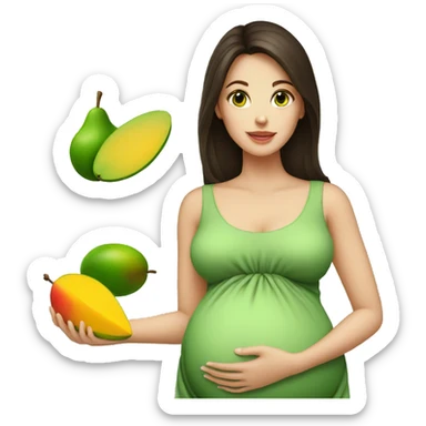 A brunette lady with green eyes pregnant with a mango sticker