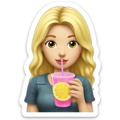 blonde girl straw drinking pink lemonade with one green lemon in the cup, with black watch sticker