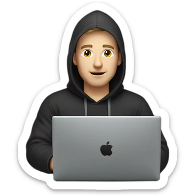 white man with a typing on apple computer wearing a black hoodie sticker