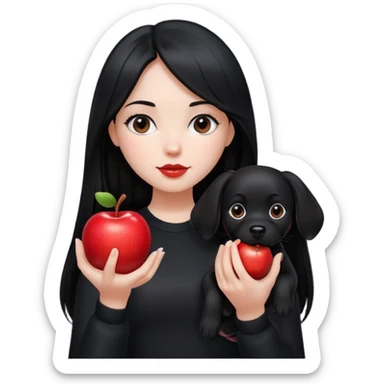 A girl with long black hair wearing black clothes holding a black dog in one hand and an apple in the other hand sticker