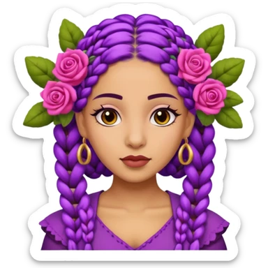 Olive skin queen with purple braids, brown eyes surrounded by roses sticker