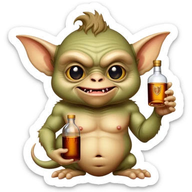 A ugly gremlin holding a Hennessy bottle sticker