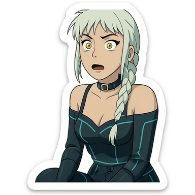 a shocked facial expression, a closeup portrait of young woman with gold yellow eyes, white hair, long braid, black off-shoulder top d-cup, punk gothic style, futuristic cyberwave cyberpunk, sitting position sticker