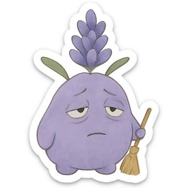 chubby lavender-colored lavender flower character with droopy eyes and a tired face, holding a tiny broom, soft Ghibli style sticker