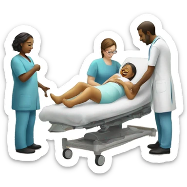 a woman gives birth and doctors stand nearby sticker