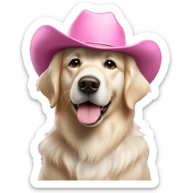 White golden retriever wearing pink cowboy hat sticker