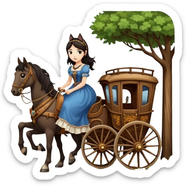  Rustic wood detailed 1854 pretty dark-haired Catgirl driving a huge horse-drawn stagecoach Caravan alone on a romantic trail in the woods  sticker