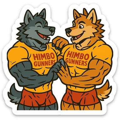 two super buff wolf furries in matching 'Himbo gunners' t-shirts, touching and admiring each other's muscles, happy and confident, exaggerated muscle definition, detailed fur and anatomy, ultra high quality sticker