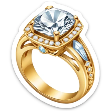 Create a bright and detailed icon representing jewelry art and the craft of making jewelry. The design should feature elements like a sparkling diamond, a gold ring, a jeweler’s tools (such as pliers and a workbench), and some delicate detailing that conveys craftsmanship and luxury. The icon should be clean, vibrant, and visually striking, with a balance of sophistication and creativity. sticker