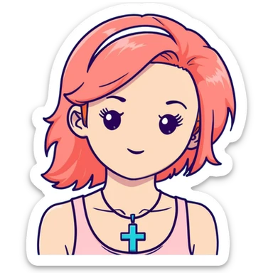 Auburn ginger haired girl with eyelashes wearing a cross necklace and a light coral pink tank top sticker