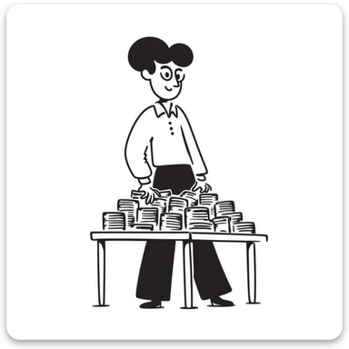 notion style hand drawn doodle of a Verizon sales man with money sticker