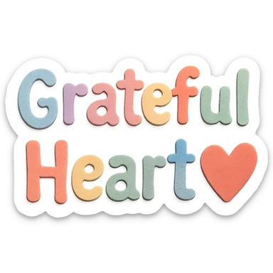 Cute hand-drawn font "Grateful Heart" in soft pastel rainbow soft puffy lettering, no outline, transparent background sticker
