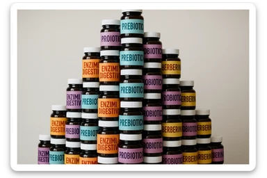 montagna di barattoli di integratori tipo "ENZIMI DIGESTIVI", "PREBIOTICI", "PROBIOTICI", "BERBERINA" con etichette in italiano sticker