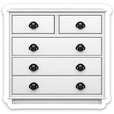 sleek white dresser with 6 drawers, each featuring one small black knob, minimalist and stacked sticker