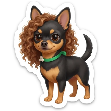 Une fille. Cheveux bouclée. Porte à maillot. Vert. Avec un chihuahua noir marron poil courut c'est une fille daisy et pour finir par apprend dans les brastous les 2. Avec sa maîtresse avec. Et moi mmatichienne sticker