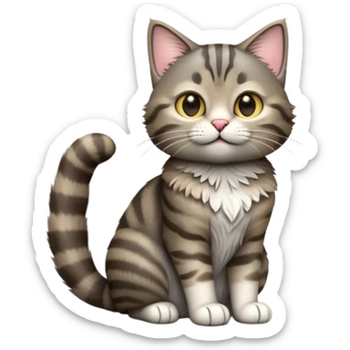 cinematic-[grey brown tabby cat]-realistic-full-body-sitting-emoji,-tail-curled-playfully-around-its-paws,-head-tilted-dramatically,-scruffy-[grey]-fur,-simplified-yet-realistic-focused-features,-highly-detailed,-glowing-with-an-almost-sarcastic-glow sticker