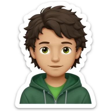 a 14 year old slightly tanned teenage boy with dark brown tousled wavy hair, dark brown eyes wearing a green tshirt, with a dark green hoodie overcoat. smirking. full body sticker