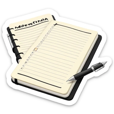 A classic black Moleskine notebook open to show an agenda page with meeting items and bullet points sticker