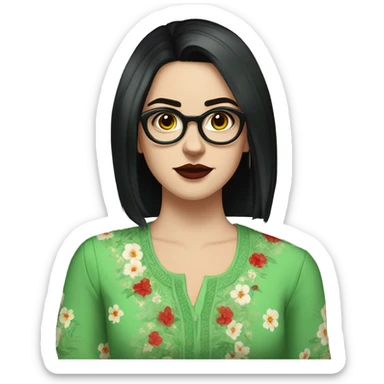 White girl in a green kurta with flower design, glasses, alot of piercing, gay, red lips, nose ring, full body, short straight black edgar hair, black straight hair sticker