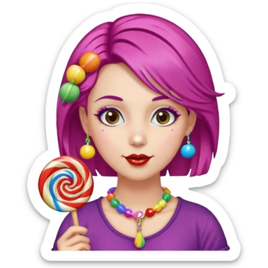 colorful hair woman with candy accessories, not holding a candy sticker
