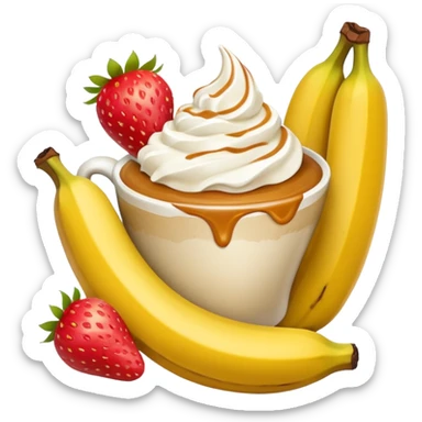 Coffee caramel, whip, whipped cream, a big banana sticking out of it with two cherries by the half un peeled banana sticking out instead of cherries make them strawberry’s right next to the un peeled banana at the base sticker