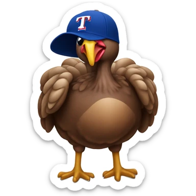 Turkey wearing a texas rangers jersey and baseball cap sticker