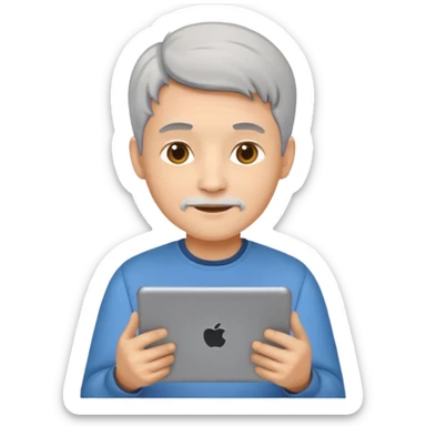 Make the hair gray or white, keep the emoji style of a younger programmer with a tablet and a laptop. sticker