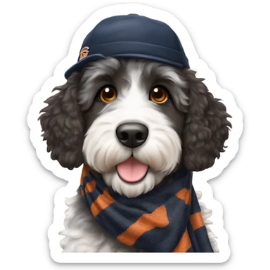 Bernedoodle with chicago bears hat and scarf sticker