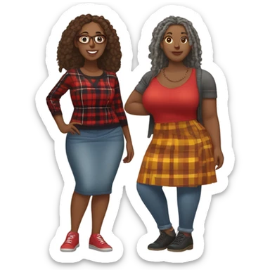 A Curvy woman gray locs wearing pants  other curvy woman is brown with red locs in a skirt with plaid sweater shopping sticker