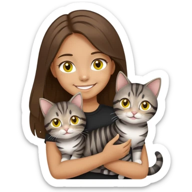 smiling girl in black shirt with the brown hair holding two grey striped silver tabby with bright yellow eyes sticker