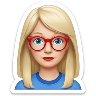 50 yr old white woman, pale skin, long straight blond hair parted in center, blue eyes, bangs, clothes for school, big red glasses, oval face,  sticker