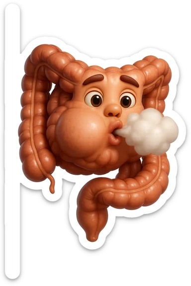 emoji stile iphone di un intestino che ingoia una nuvoletta di aria ben visibile e gli si gonfia la pancia, non fargli il naso, iperrealistico 4k sticker