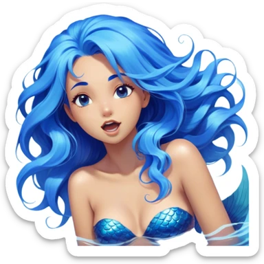 Cinematic Realistic Blue Hair Mermaid Portrait, head tilted slightly with a dramatic, wide-open yawn, revealing a tender, relaxed visage with intricately detailed, tanned skin and vibrant, cascading blue hair softly billowing around her. Her dreamy eyes exude a serene, aquatic charm, rendered with gentle underwater lighting and a soft, high-shine finish that captures the essence of a drowsy yet captivating mermaid drifting into tropical slumber. sticker