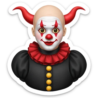 Crea un payaso con toda la cara blanca sin pelo con cuernos de color negro, que su cuerpo tenga un traje de payaso negro con rojo sticker