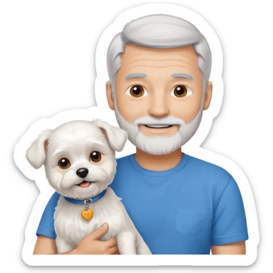 handsome gentleman, 60 years old, silver hair in crew cut style, full beard, wearing a blue t-shirt, smiling and holding a maltese dog sticker